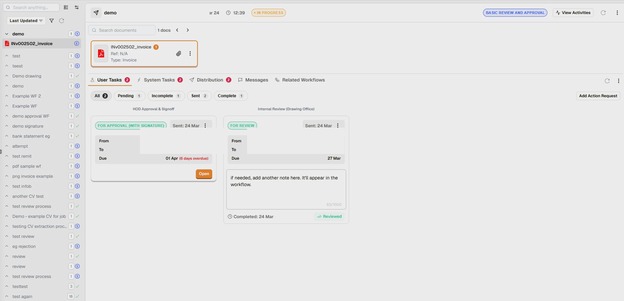 Workflow task inbox showing active assignments, step labels, due dates, and action tracking across workflow instances