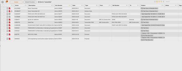 Document search results showing document names, types, statuses, reference numbers, and folder locations across a structured register