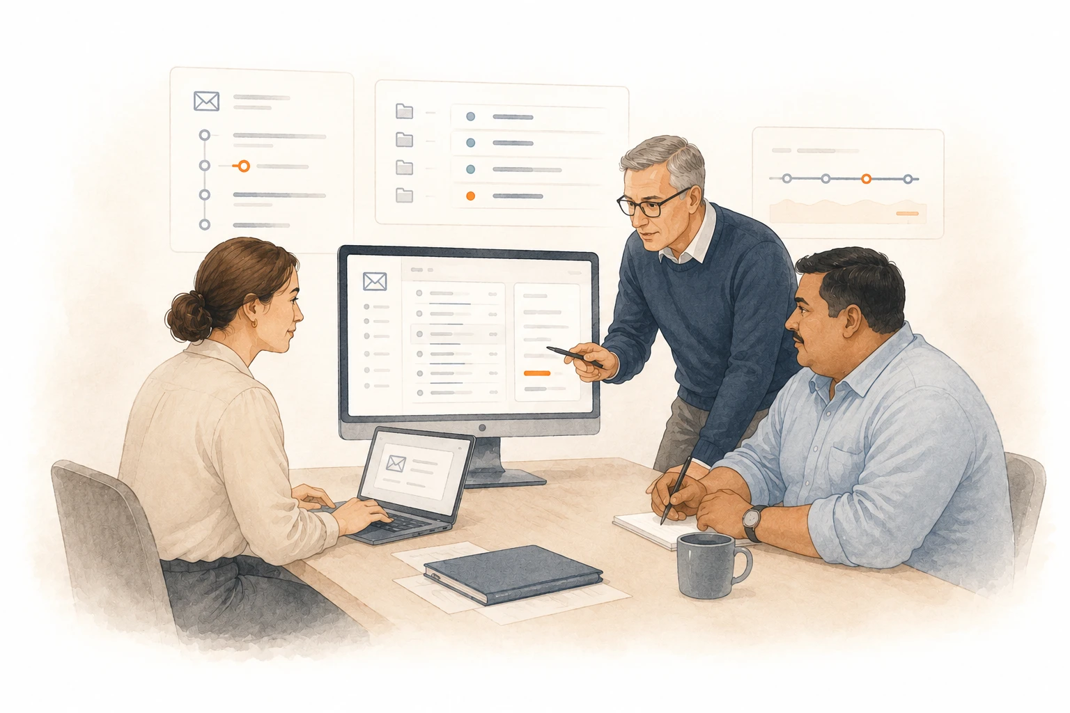 Legal team reviewing email communications on screen in a professional setting