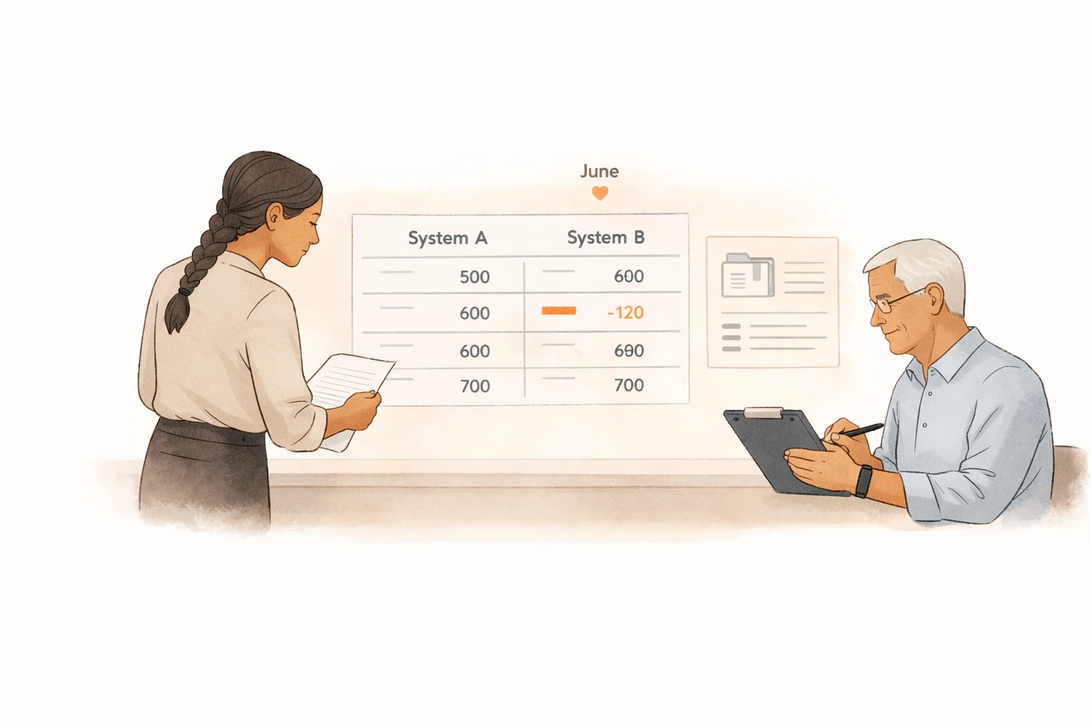 Illustration showing two inventory systems being compared side by side, with a discrepancy highlighted in the reconciliation table