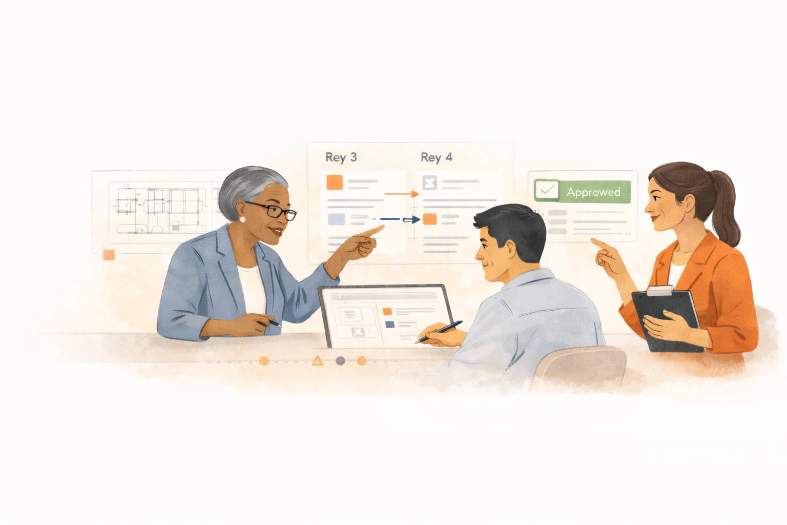 Illustration showing an engineering team reviewing drawing revisions and approvals across project phases