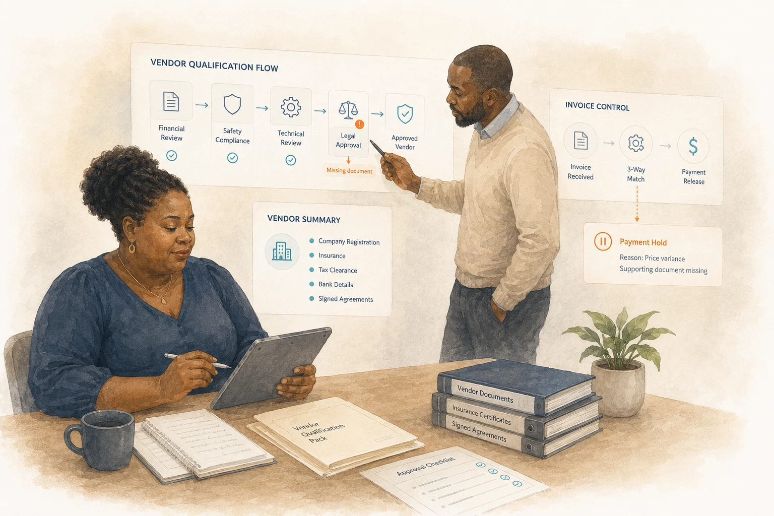 Two professionals reviewing engineering transmittal records and project documentation