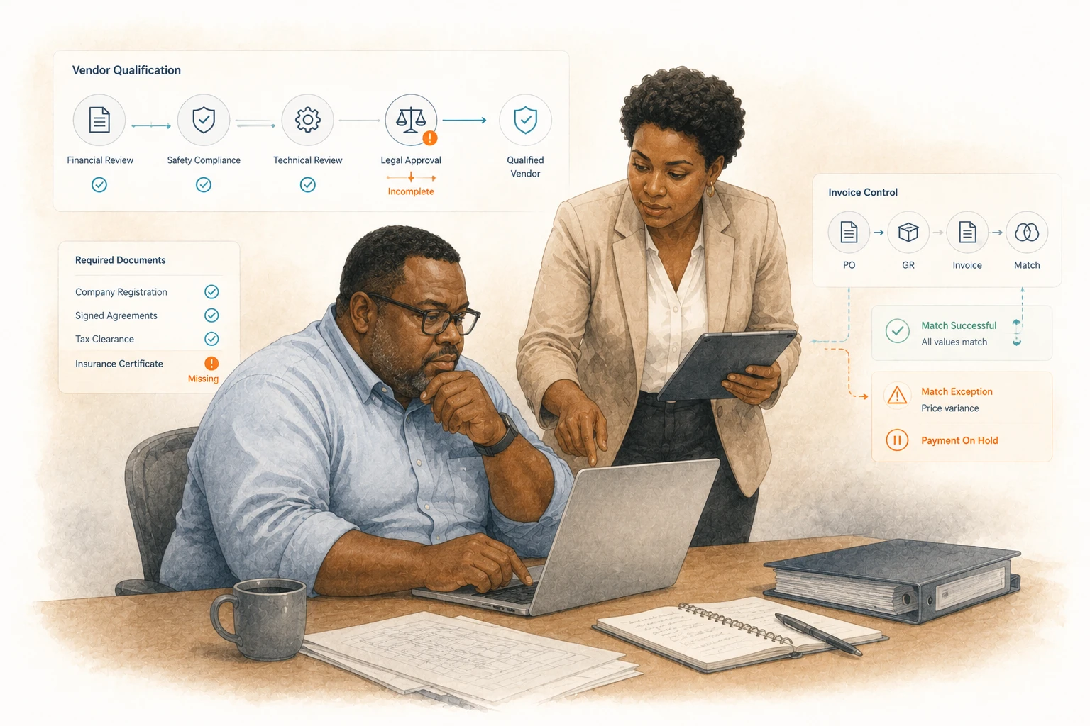 Procurement team reviewing vendor qualification status and invoice matching results