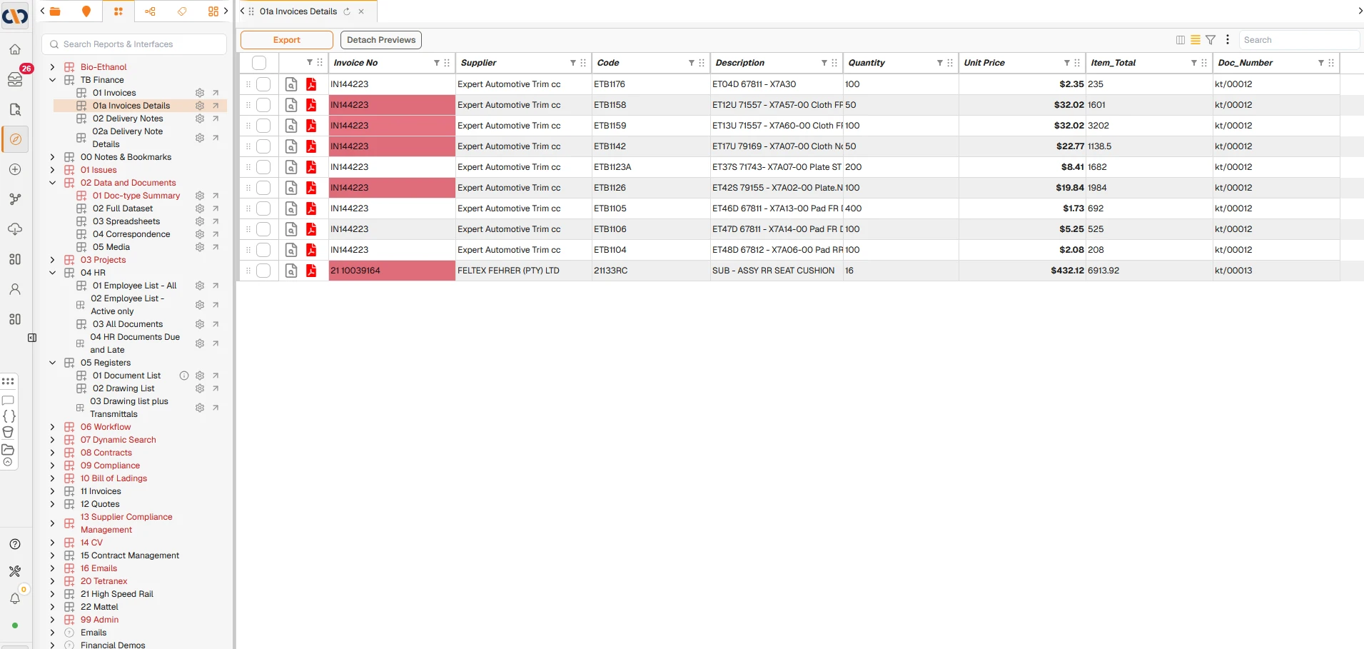 Invoice line-item register showing supplier, item codes, quantities, unit prices, and linked document numbers