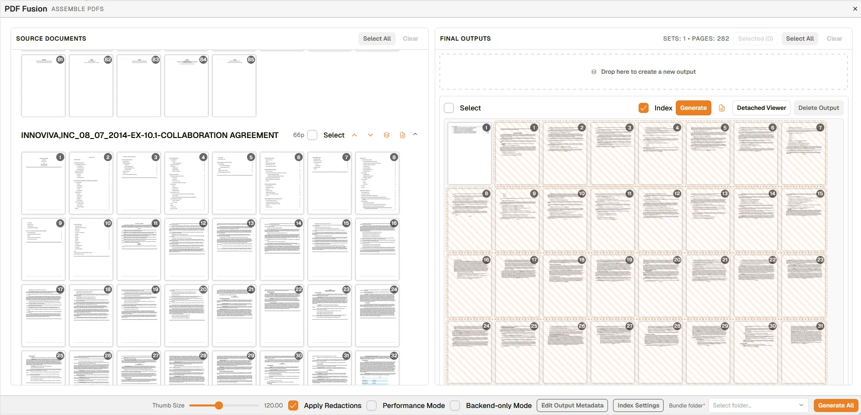 PDF Fusion production bundle interface showing source documents assembled into a redacted output set with annotations and index controls