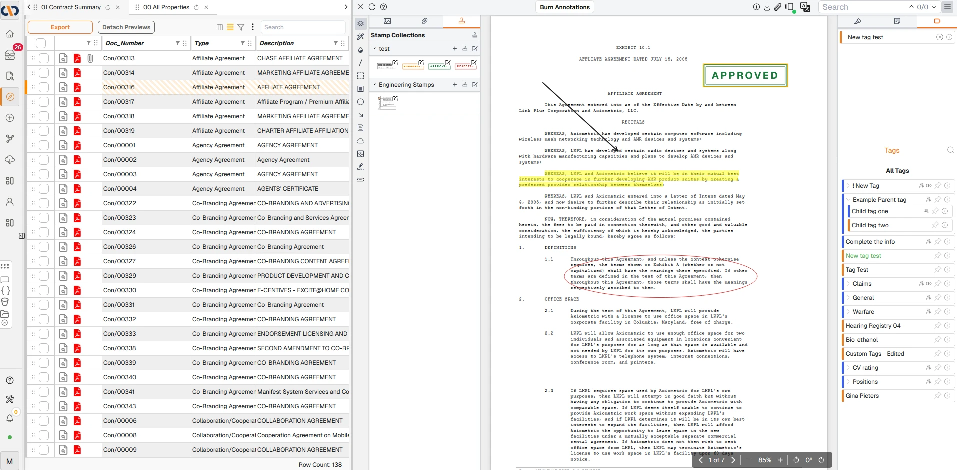 Contract view with highlighted clauses, approval stamp, and tag panel
