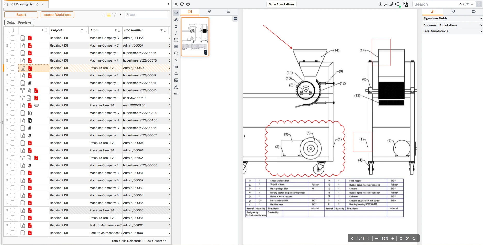 Construction drawing register with an open annotated engineering drawing showing revision control, live annotations, and document sign-off fields