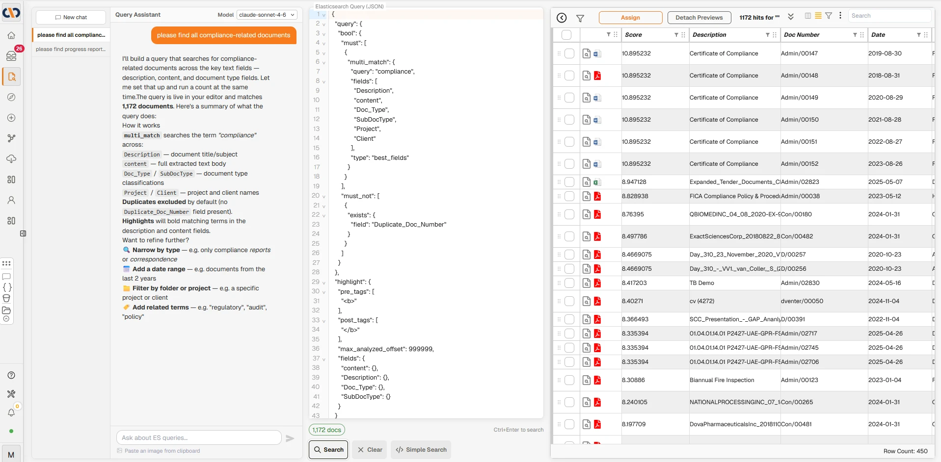 eDiscovery AI query assistant showing natural-language search, JSON query editor, and document results list