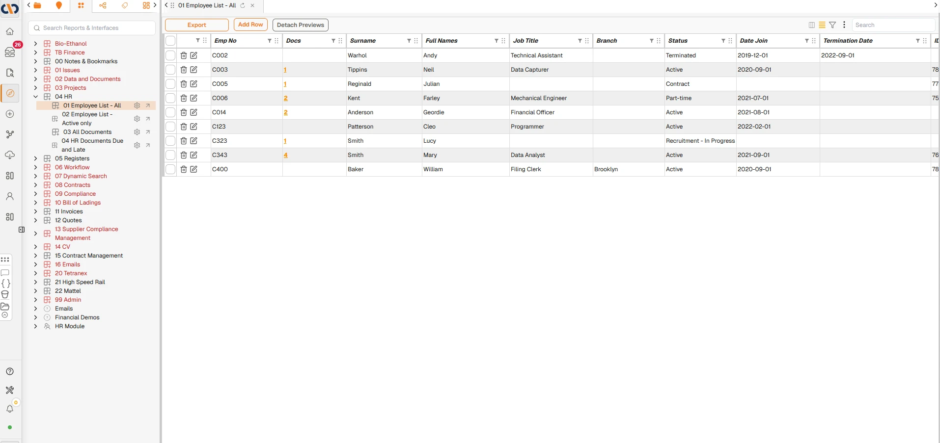 Employee register showing employee numbers, names, job titles, branch, status, join dates, and termination dates