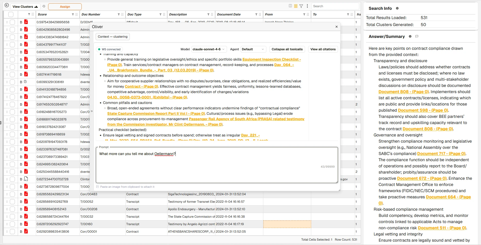 Oliver AI copilot chat interface showing a natural-language query with structured document-sourced answers