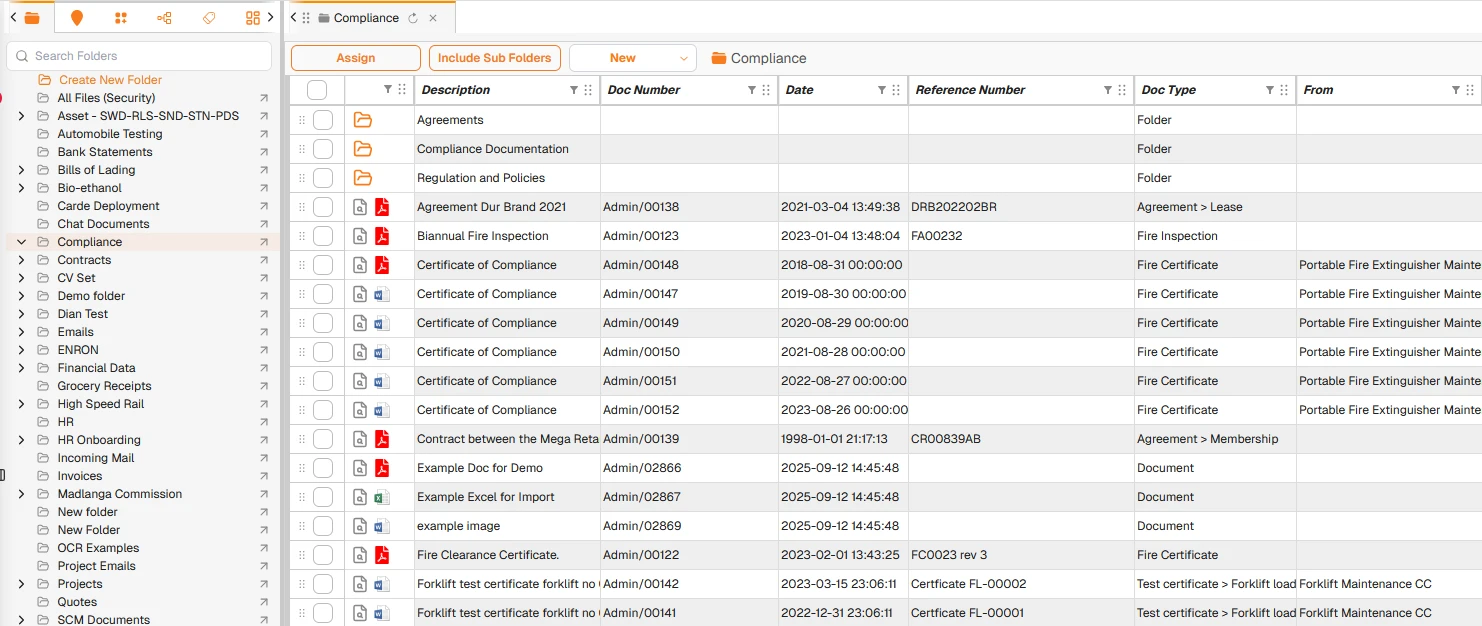Virtual folder hierarchy showing Agreements, Compliance, and Contracts folders alongside a document list with agreement numbers and document types